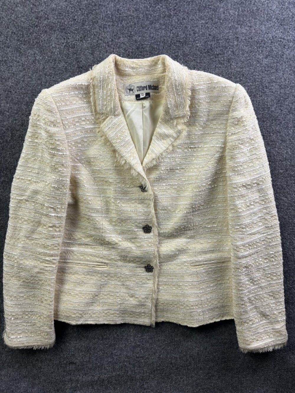 Clifford Michael Blazer Womens 12 White Linen Tweed 3 Button Fringe Lined Jacket
